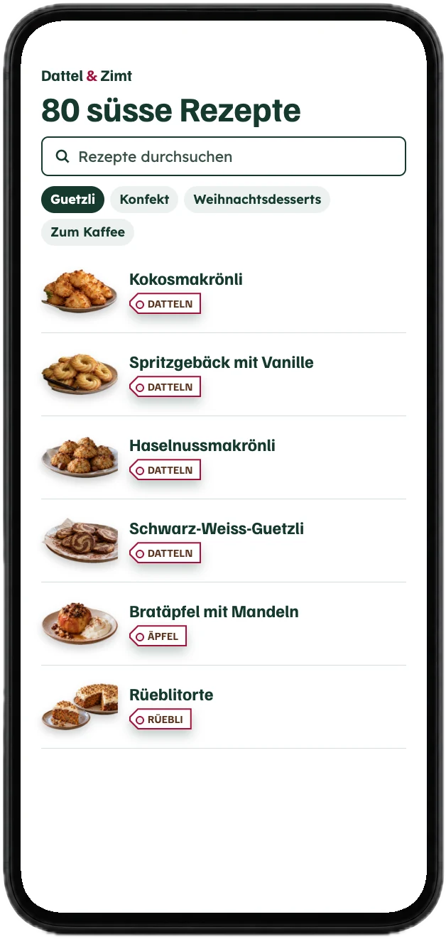 Die App mit den Rezepten, sortiert nach Guetzli, Konfekt, Weihnachtsdesserts und Kuchen