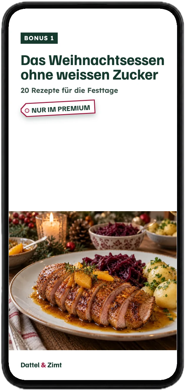 Titelseite des Bonus „Das Weihnachtsessen ohne weissen Zucker“ auf einem Handy