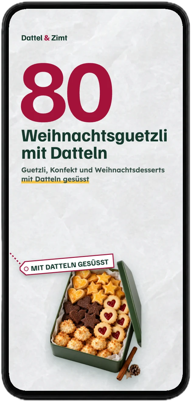 Titelseite des Backbuchs „Weihnachtsguetzli mit Datteln“ mit 80 Rezepten auf einem Handy