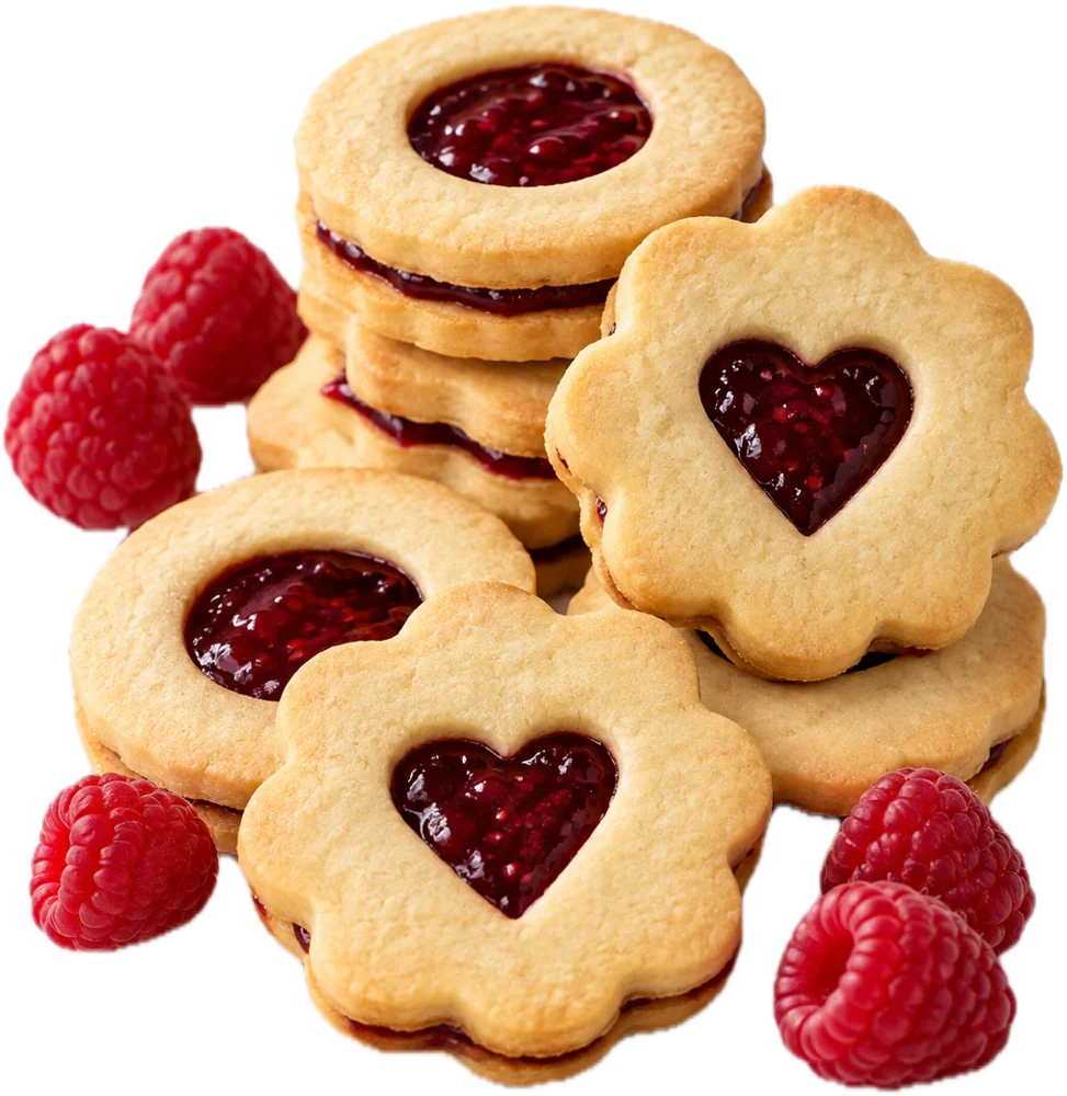 Spitzbuben mit Himbeerfüllung und frischen Himbeeren, ohne Puderzucker