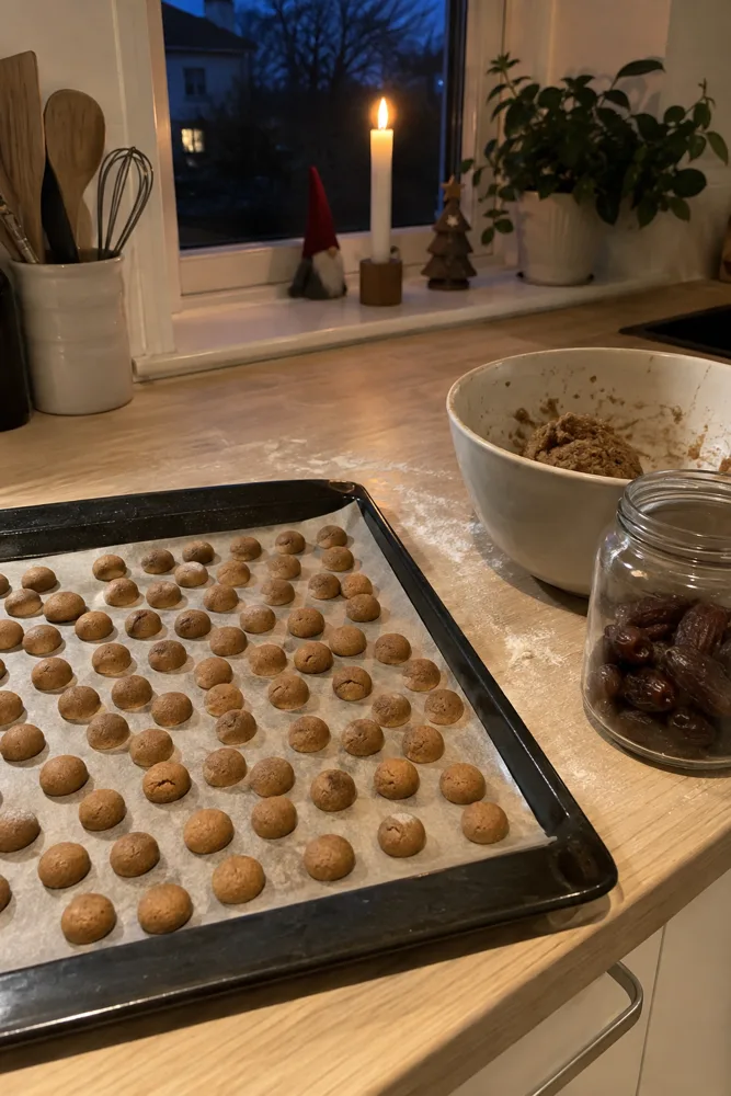 Backblech mit frisch gebackenen Guetzli auf der Arbeitsfläche an einem Novemberabend