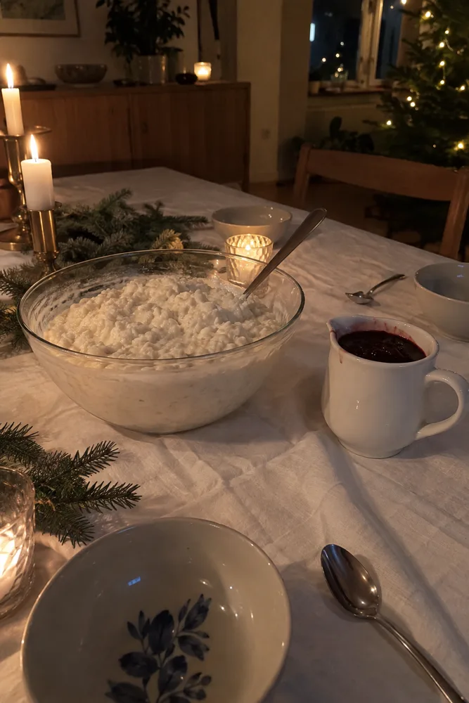 Milchreis und heisse Kirschen auf dem gedeckten Tisch an Heiligabend